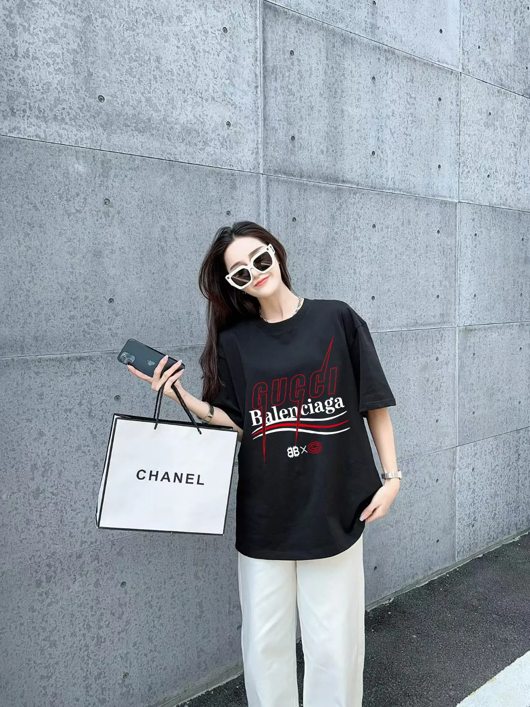 P80✨🔥 [Gucci co-branded with Balenciaga] 2026FW short-sleeved T-shirt printed letter logo Premium 26s double yarn 300g fabric heavy fabric custom stretcher rib same vat and dye complete three labels men and women Same Style Color: Black White Apricot Size: S M L XL XXL